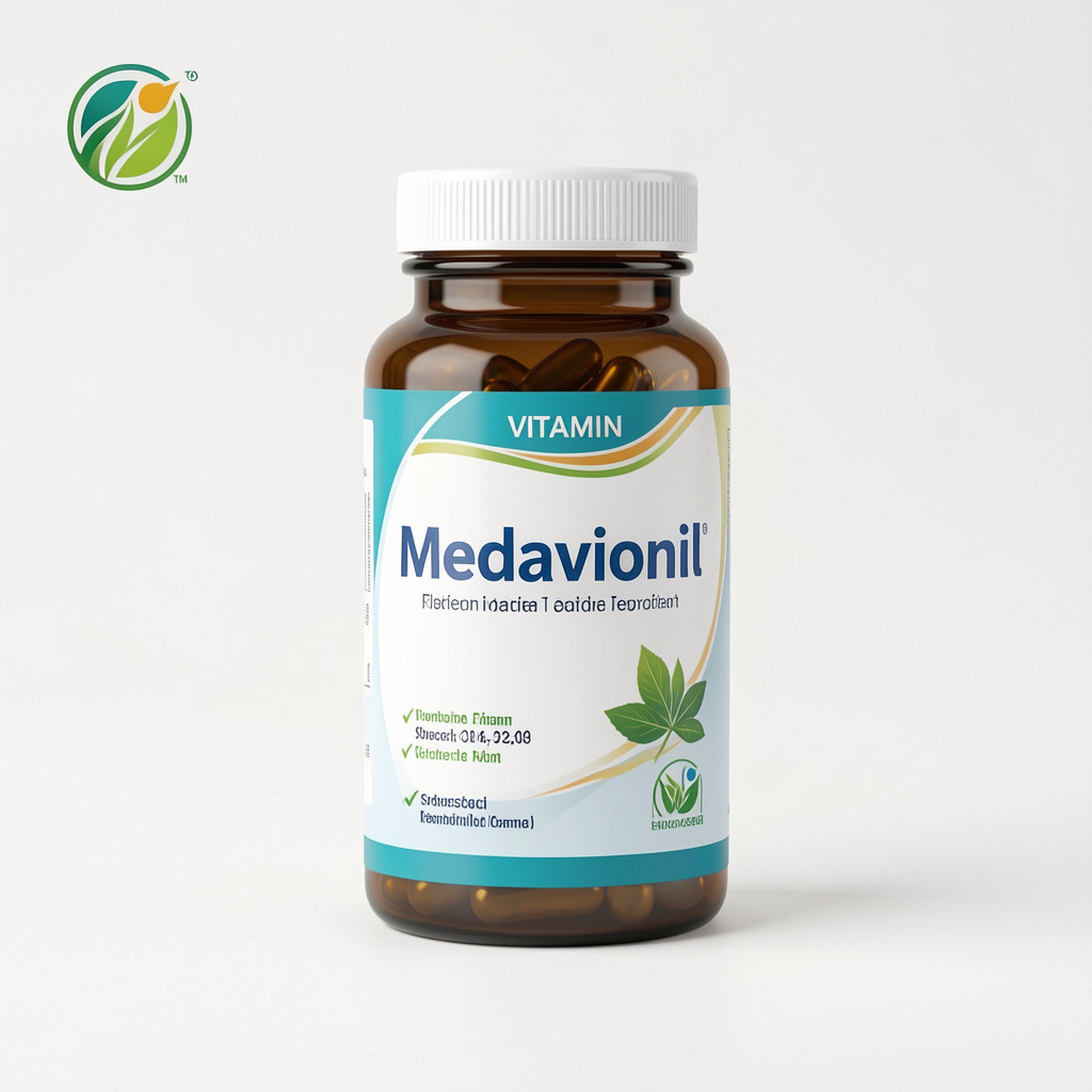 Medavionil supplement bottle with capsules arranged on a natural linen background with botanicals